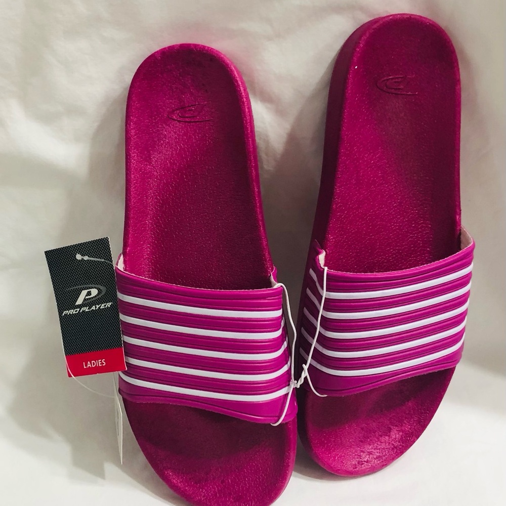 Women’s Slide Sandals stripes slip on lightweight pink white. Size 10